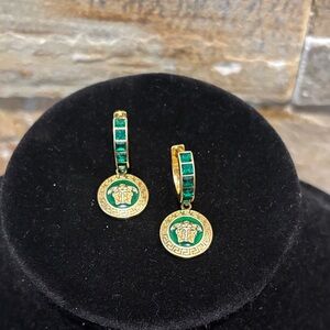 Versace Gold Tone Hoop Earrings with Green Enamel Medallions